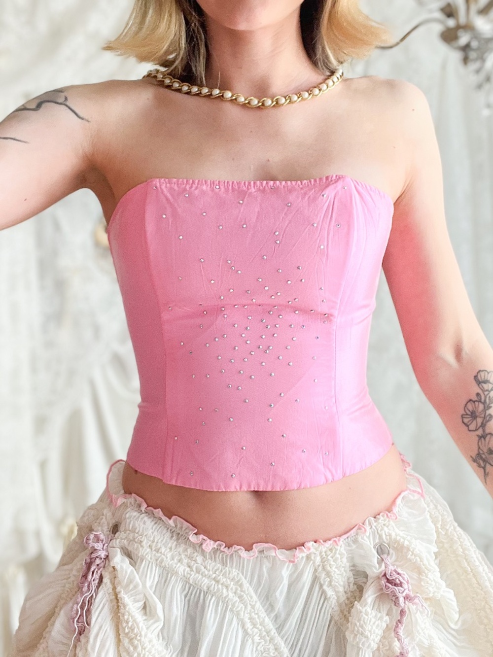 Vintage Y2K Jessica McClintock Pink Rhinestone Strapless Corset Top
